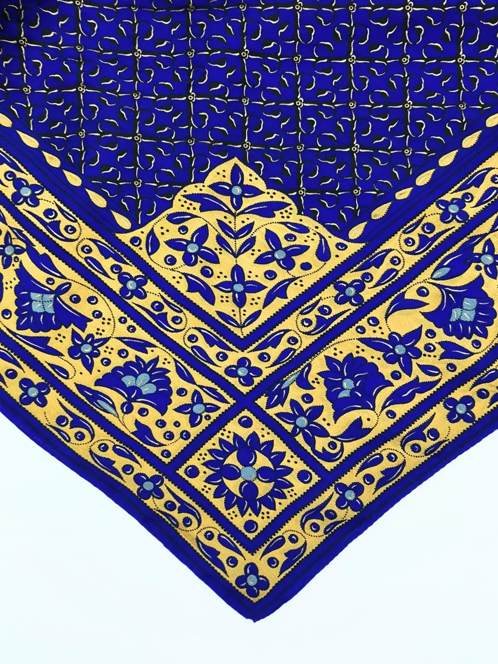 Vintage Albert Nipon 100% Silk Scarf Blue Gold Floral Hand Rolled 34x32
